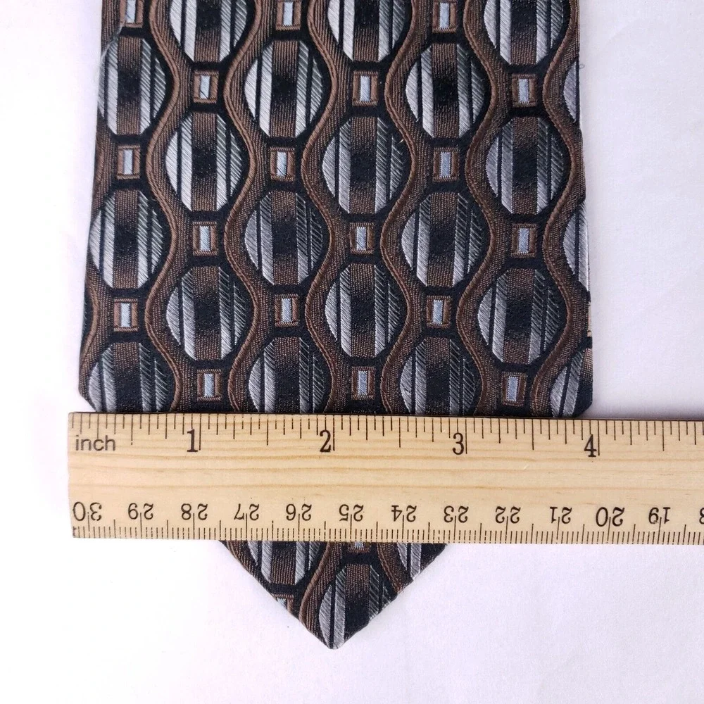 Murano Italia Geometric Silk Tie‎ Brown Black Silver Retro Business Mens Necktie